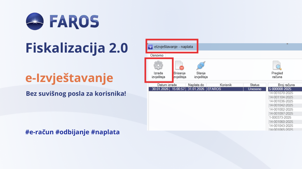 Faros ERP svojim korisnicima ponudio je nekoliko opcija za podnošenje postupka eIzvještavanje u okviru fiskalizacije 2.0